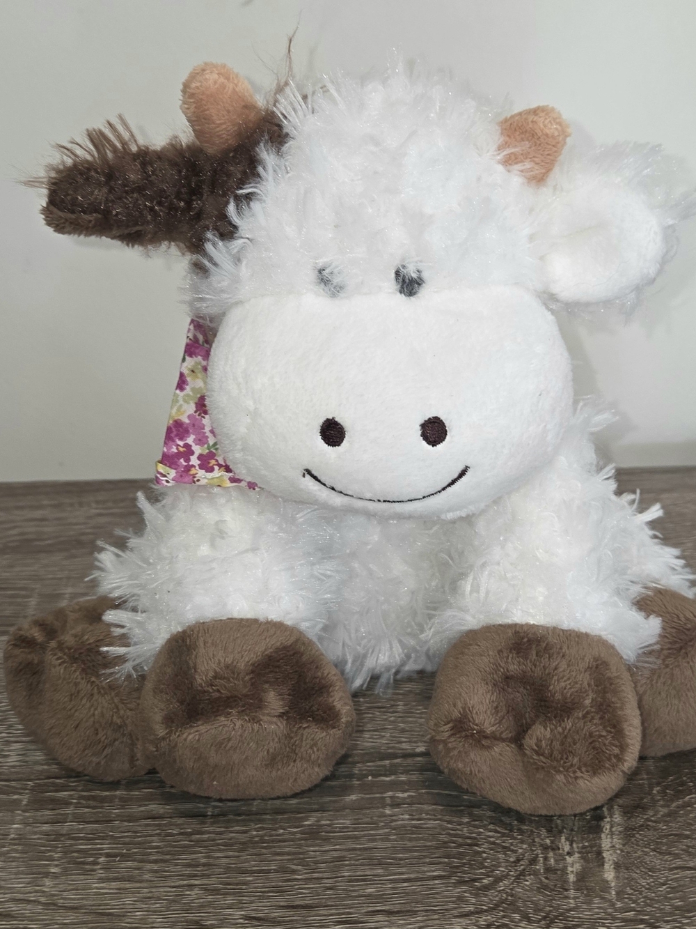Hugfun White Cow Plush with Brown Ear Hoofs Floral Bandana Stuffed Animal 9"